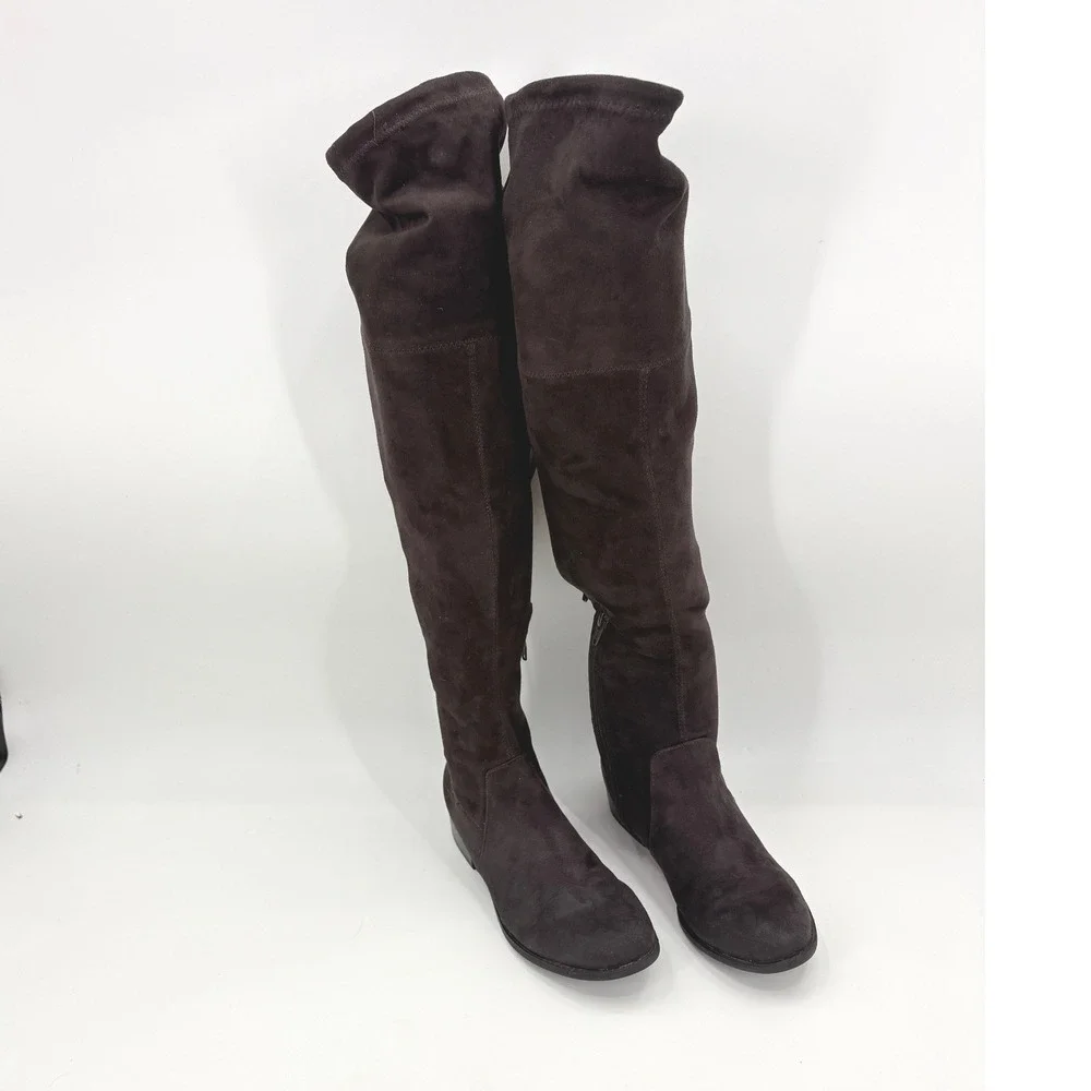 Women Dark Brown Faux Suede Over the Knee Thigh High Tie Back Boots Size 7.5